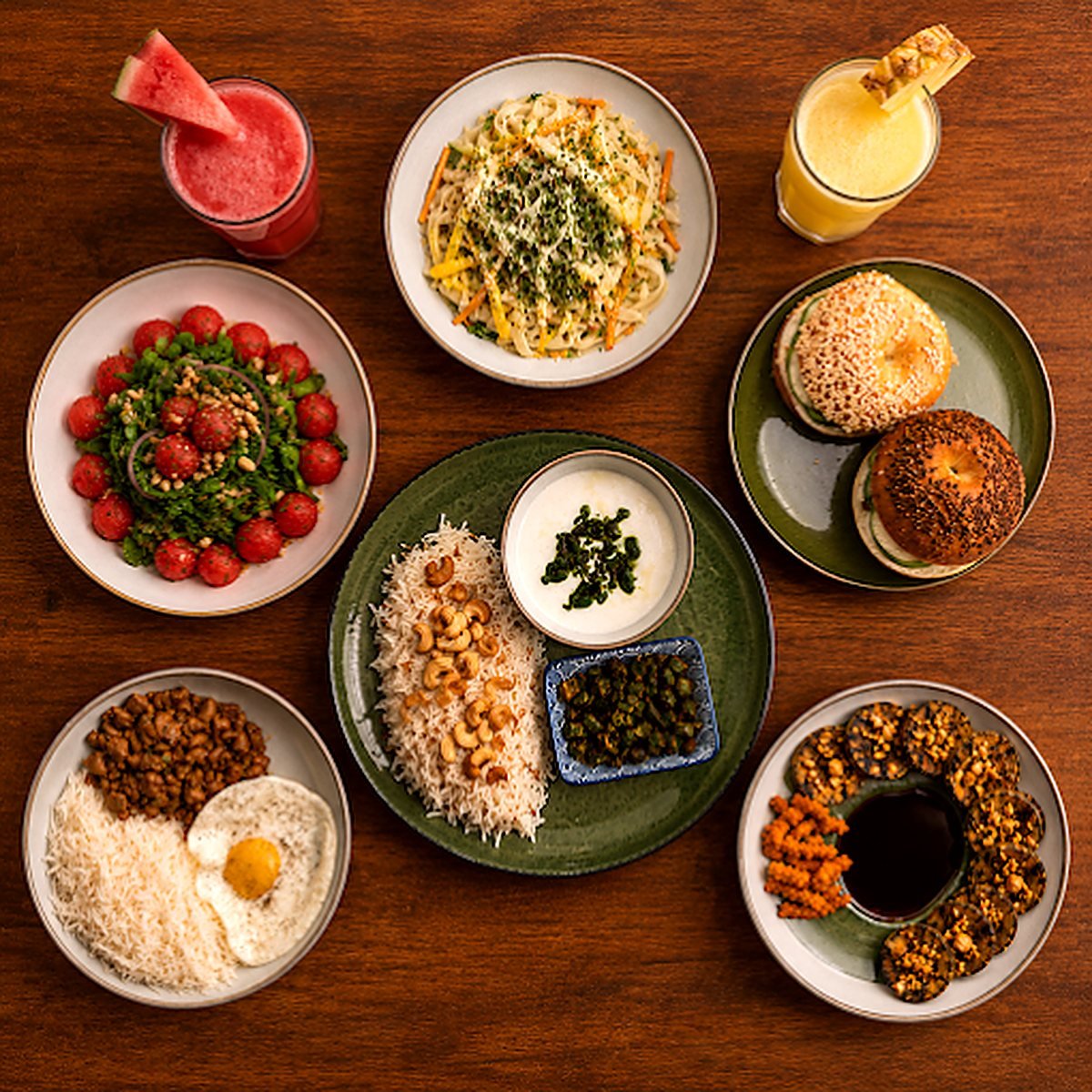 A spread of breakfast plates on a dark wood table
